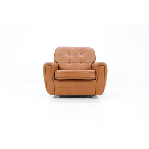 Fauteuil à roulettes en cuir marron clair du Mid Century - années 1970