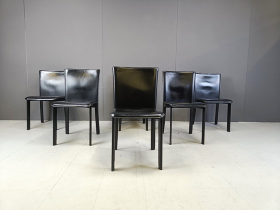 Image 1 of Chaises de salle à manger vintage en cuir noir par Cidue, ensemble de 6 - 1980S