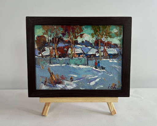 Original Oil Painting Winter Village Landscape The village was covered in snow
