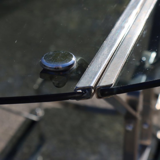 Image 1 of French Mid-Century Smoked Glass and Chrome Bar Trolley-Drop Leaf Bar Cart-Vintage Two Tier Dessert-Bar Trolley-60s