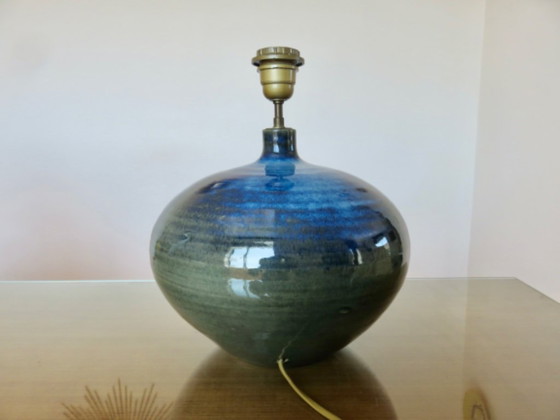 Image 1 of Impressive lamp in iridescent blue ceramic with green gradients, France, circa 1960