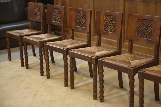 Set of 6 Charles Dudouyt chairs in oak from the 1950s., Dining chairs, Brown, Vintage (photo 5 of 13)