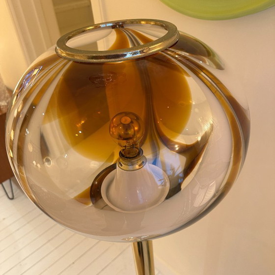 Image 1 of Italian Murano amber swirl glass globe floor lamp on brass base
