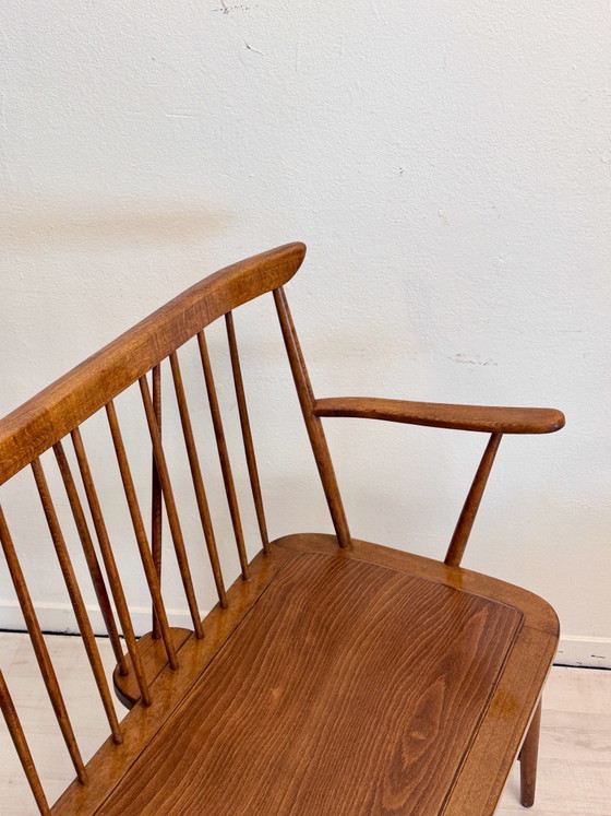 Vintage mid-century wooden slatted bench 1960s, Benches, Brown (photo 6 of 13)