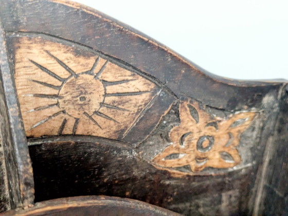 Image 1 of Vintage Hand Carved Walnut Desk Organizer Letter Holder with Botanical and Sun Motifs