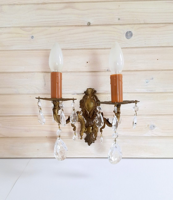 Image 1 of Lampada da parete vintage in ottone con cristalli, Jugoslavia 1970