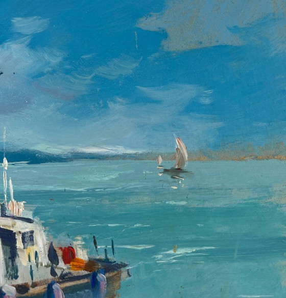 Image 1 of Original Oil Painting Summer Sea Landscape Boat on the horizon
