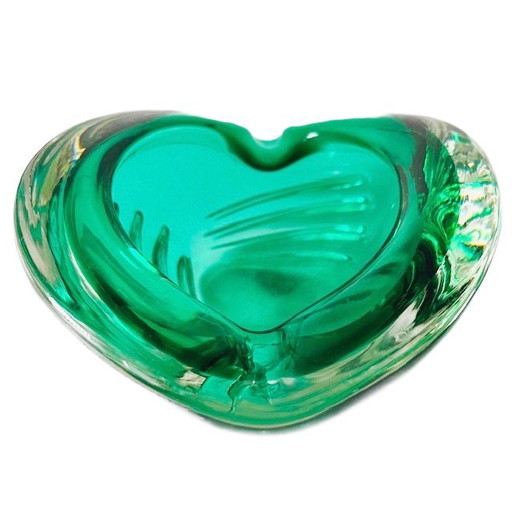 Cuenco de cristal vintage de mediados de siglo con forma de corazón, cristal de Murano verde, años 60