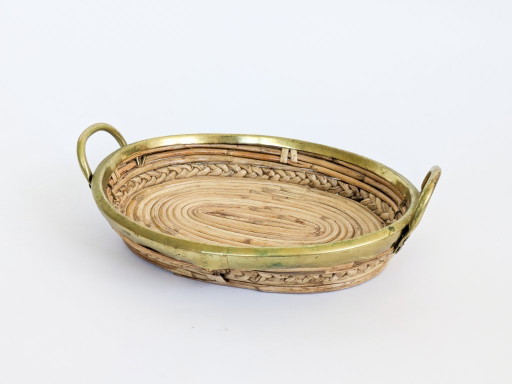 Handgemaakte vintage ovale dienblad van rotan en messing, in de stijl van Gabriella Crespi, Italië, jaren 70. (photo 2 of 17)