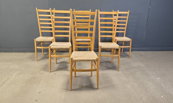 Image 1 of Set of 6 Beech wood italian ladder back chairs, 1970s
