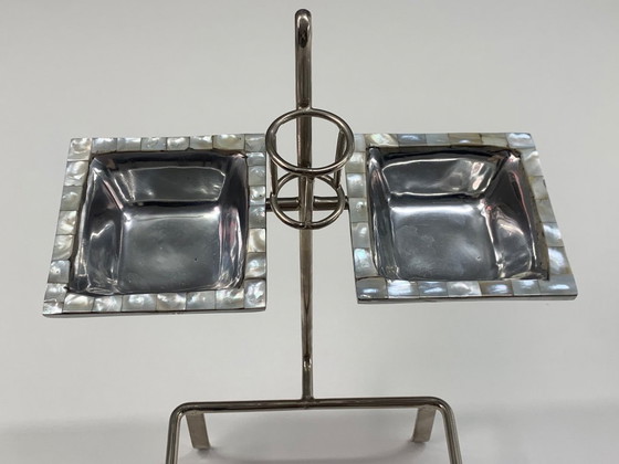 Image 1 of Art Deco Style Silver-Plated and Mother-of-Pearl Tiered Hors d'Oeuvres Serving Caddy with Matching Cocktail Picks