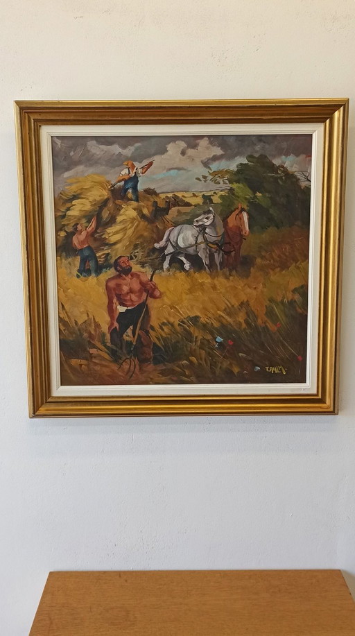 Oil Painting by T. Ahlberg, Harvest Scene with Horses and Farmers