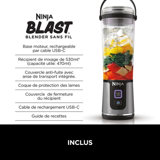 Ninja Blast Blender portable, 530 ml, couvercle résistant aux fuites et bec verseur, mini mixeur sans fil puissant, rechargeable