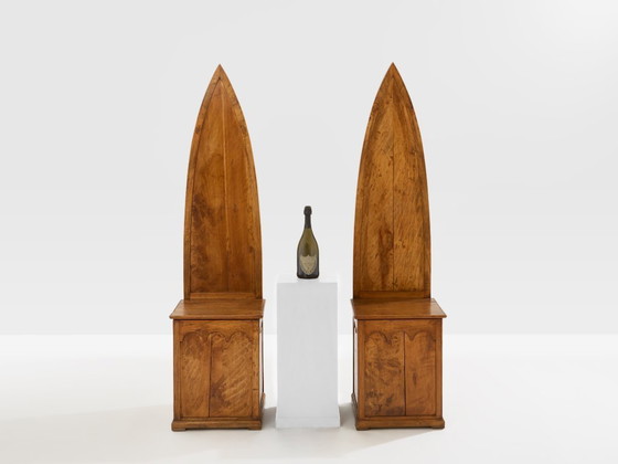 Image 1 of Andrea Salvetti pair of neo-gothic chairs solid pine 1994