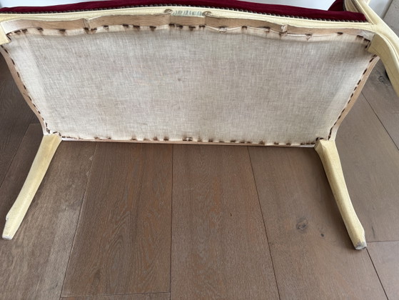 Image 1 of Antique Baroque Chaise Longue / Telephone Bench – Red Velvet & Wood