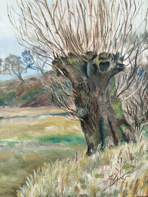Image 1 of Peinture à l'huile originale ancienne représentant un paysage de campagne, signée.