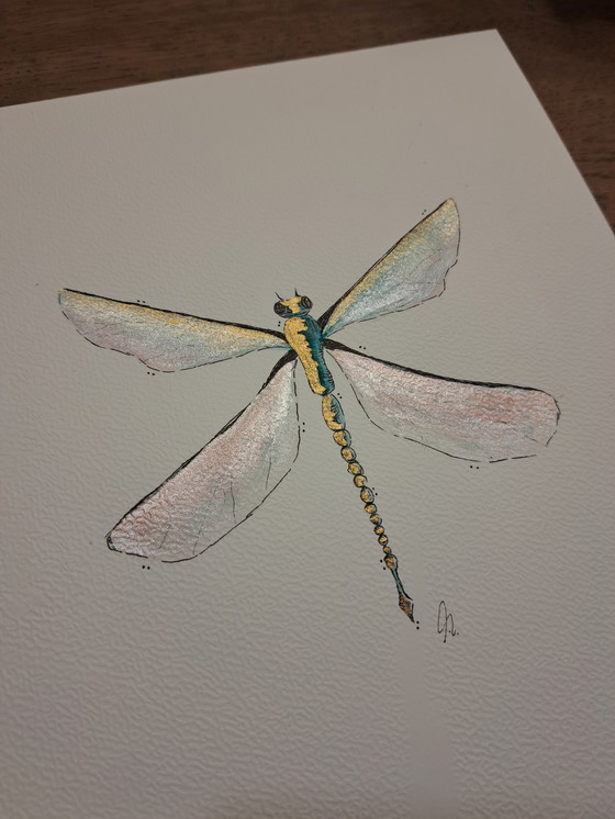 Image 1 of Watercolor painting of a dragonfly with a mother-of-pearl effect | Gold-colored frame