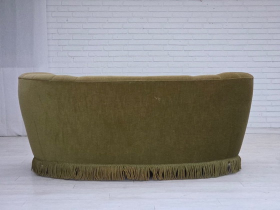 Image 1 of 1960s, Danish 2-seater "Banana" sofa, original green furniture velour.