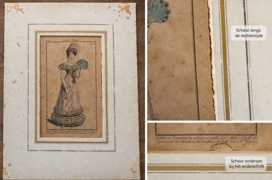 Antique French fashion engraving Costume Parisien ca. 1825 – damaged – Paintings & Drawings, Paper (photo 3 of 5)