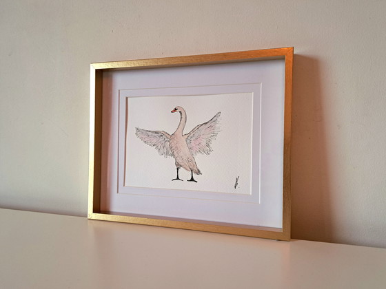 Image 1 of Aquarel schilderij zwaan | origineel in lijst
