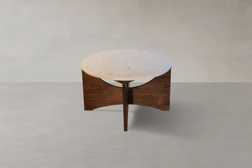 Couchtisch rotunda Crema Perla aus Naturstein und Massivholz Eiche