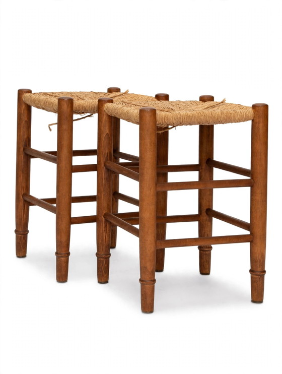 1960s Stools Charlotte Perriand style, set of 2 – Rattan, Wood (photo 4 of 5)