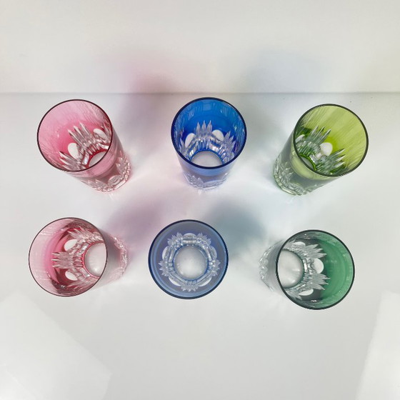 Image 1 of Set of 6 long drink glasses in colored double-layered crystal, 1970s, Eastern Europe