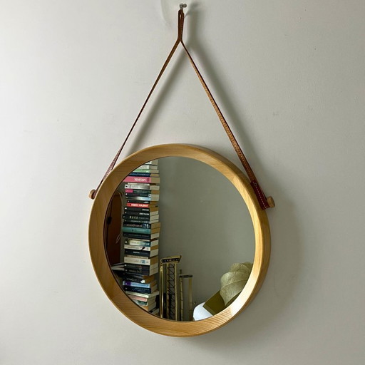 Miroir mural en teck, rond avec bandeau en cuir - Midcentury, Suède