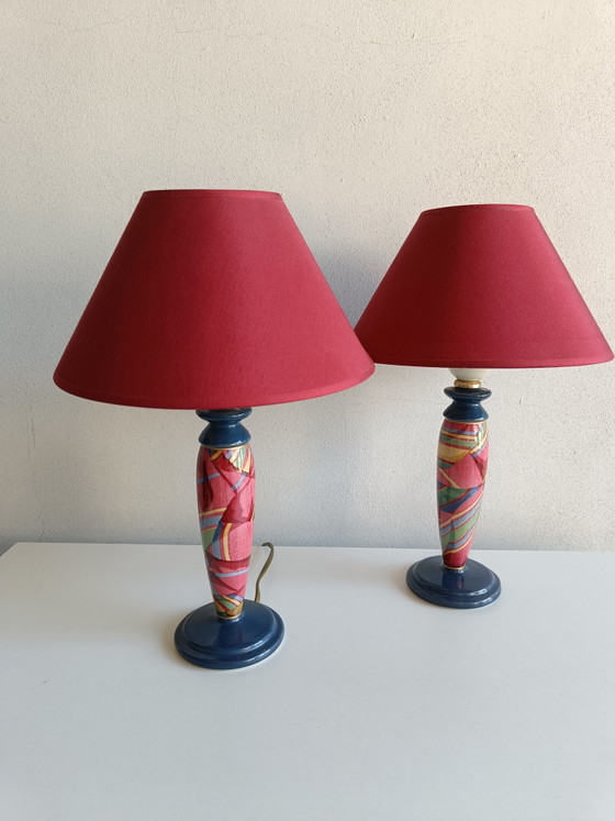 Een paar Oliver Corro postmoderne keramische tafellampen met originele lampenkappen – jaren 80 – Ceramic (photo 2 of 11)