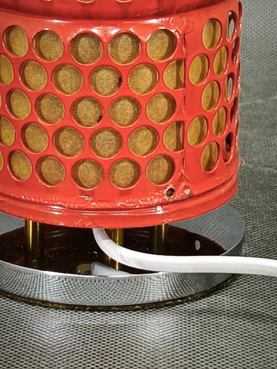 Pair of Red Perforated Metal Space Age Table Lamps, Czechoslovakia, 1970s, Chrome (photo 11 of 13)