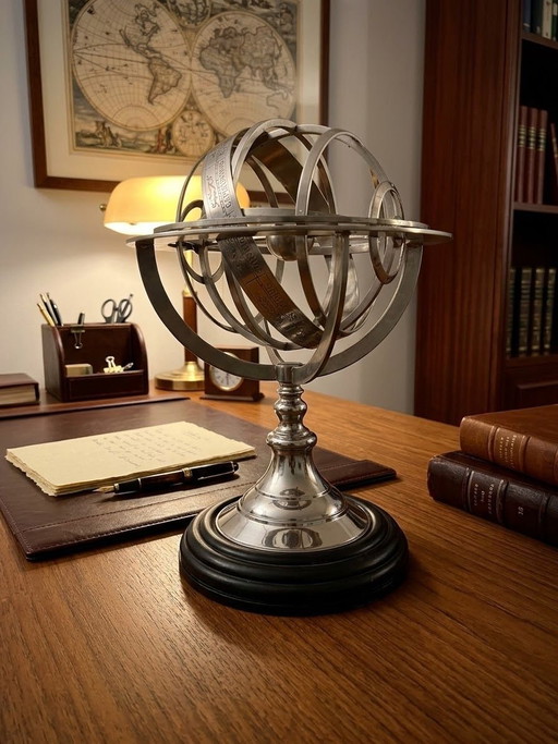 Replica da collezione sfera armillare antica G.Gobille metallo argentato 1960