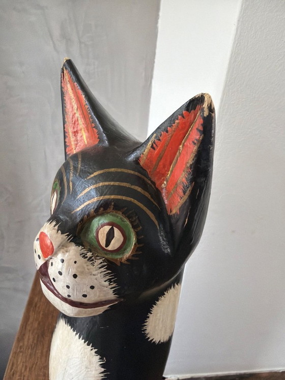 Image 1 of Vintage houten kat zwart wit 41cm