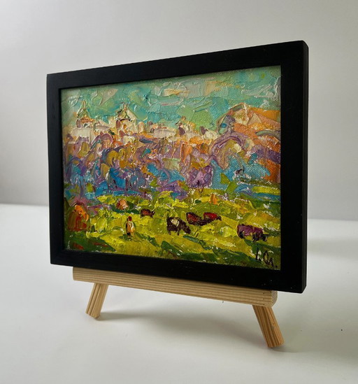 Original Oil Painting Summer Nature Landscape A Walk Outside The Village – schilderijen tekeningen, Canvas (photo 2 of 8)