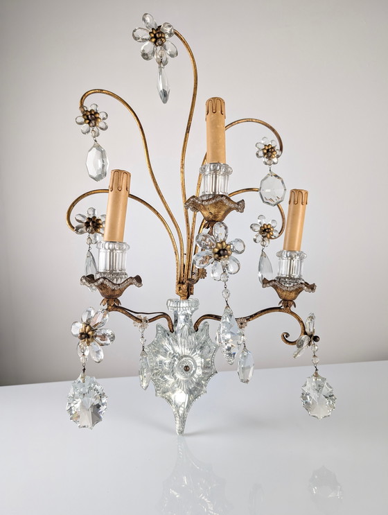 Image 1 of Großer italienischer Wandleuchter aus geschliffenem Kristall, Stil Maison Baguès, 1950er Jahre