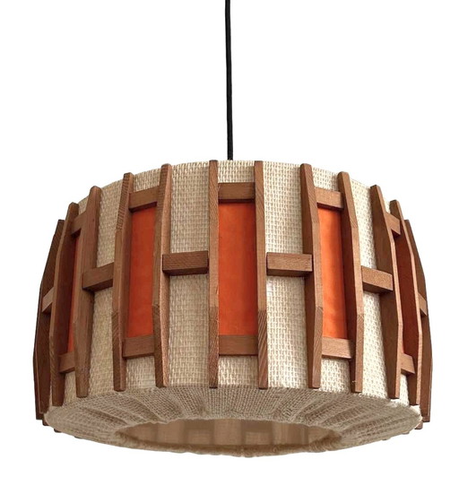 Lampe suspendue vintage scandinave rétro jute teck orange 1970