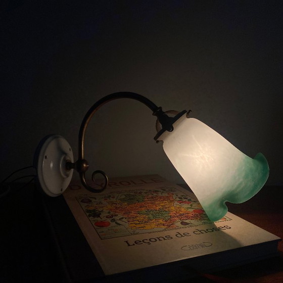 Image 1 of Brass swan-neck wall sconce with a glass paste tulip shade, signed Rethondes