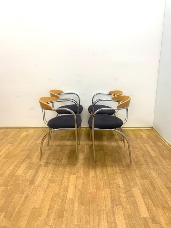 Image 1 of Set of 4 Chrome and Wood Chairs, Italy, 1980s