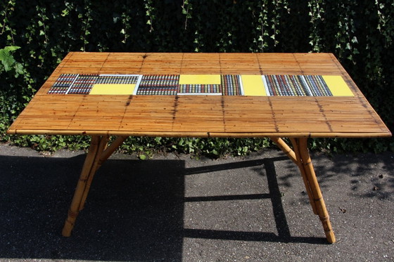 Image 1 of Table haute en céramique et rotin de Audoux Minet et Roger Capron