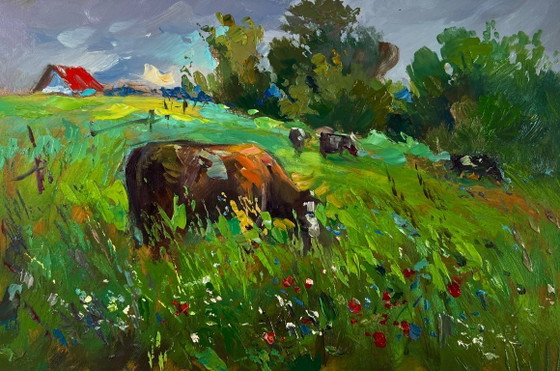 Image 1 of Original Oil Painting Summer Nature Landscape Cows In A Flower Field