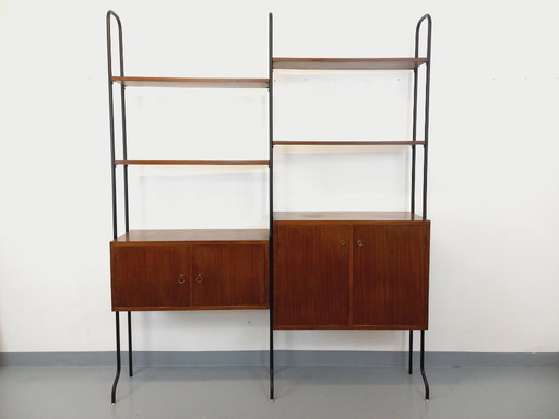 Vintage Italian double modular bookcase in wood and metal from the 60s
