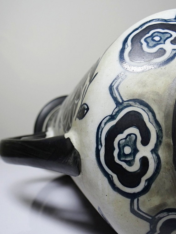 Image 1 of Antique Art Deco vase, 1920-40, in fine stoneware, Art Nouveau style & chinoiserie decoration