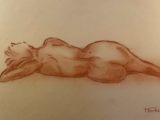 Image 1 of Tableau Signé Sanguine Portrait Féminin « Siesta »