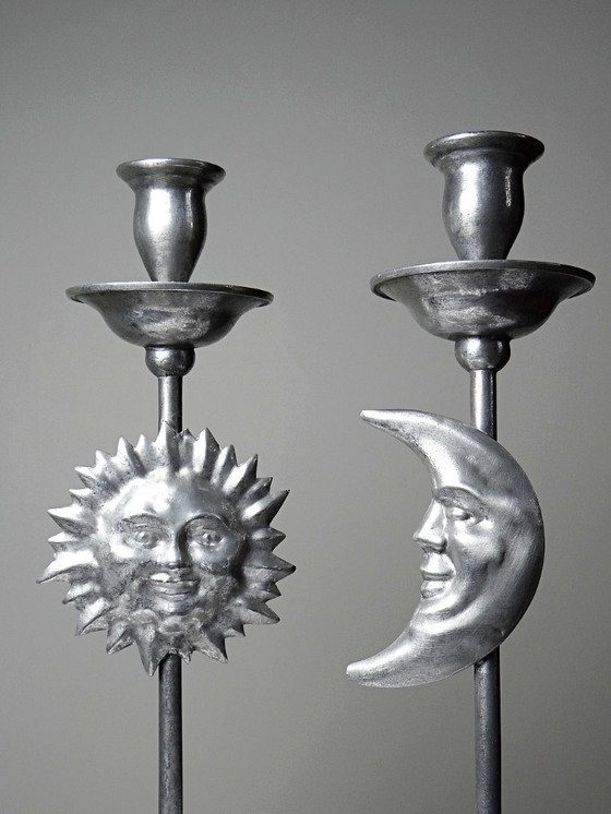 Image 1 of Pair of vintage mid-century silver-plated pewter Sun & Moon handcrafted candlesticks