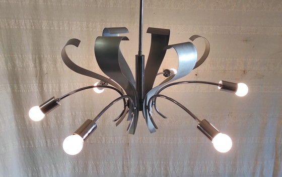 Image 1 of Lustre 6 feux Space-Age en métal chromé et brossé - années 70