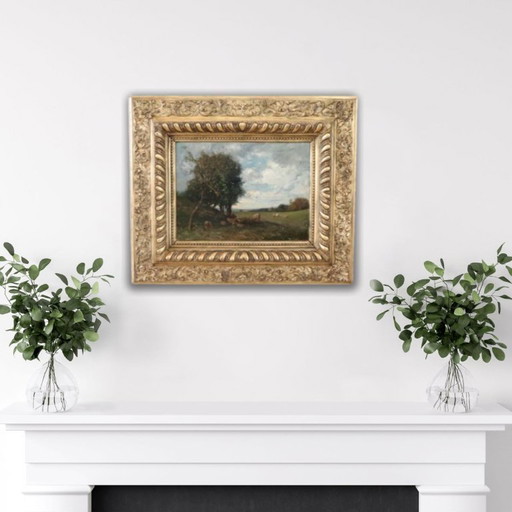 Olieverfschilderij op paneel, Landschap met begroeiing, gesigneerd V. Bussolino, Italië, 19e eeuw.