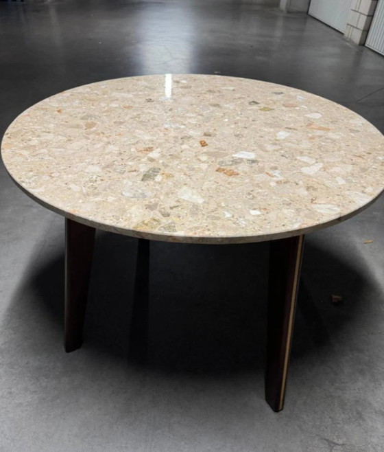 Image 1 of Round Terrazzo/Marble Table – 110 cm – New in packaging – Walnut wood cross base