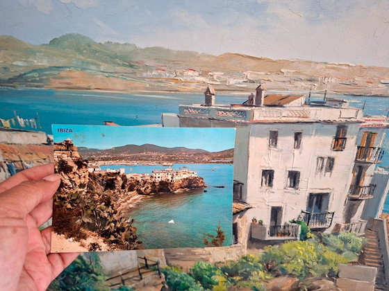 Image 1 of V. Berbegal. Oil on canvas painting + Ibiza postcard, artist reference - ca. 1980. Decoration