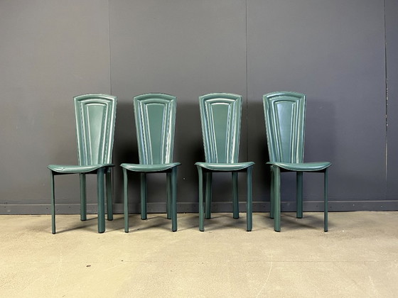 Image 1 of Sedie da pranzo vintage in pelle verde, anni '80 - set di 4