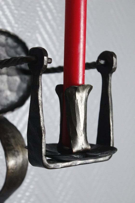 Image 1 of Pair of wrought iron castle-style wall sconces with candles, mid-20th century
