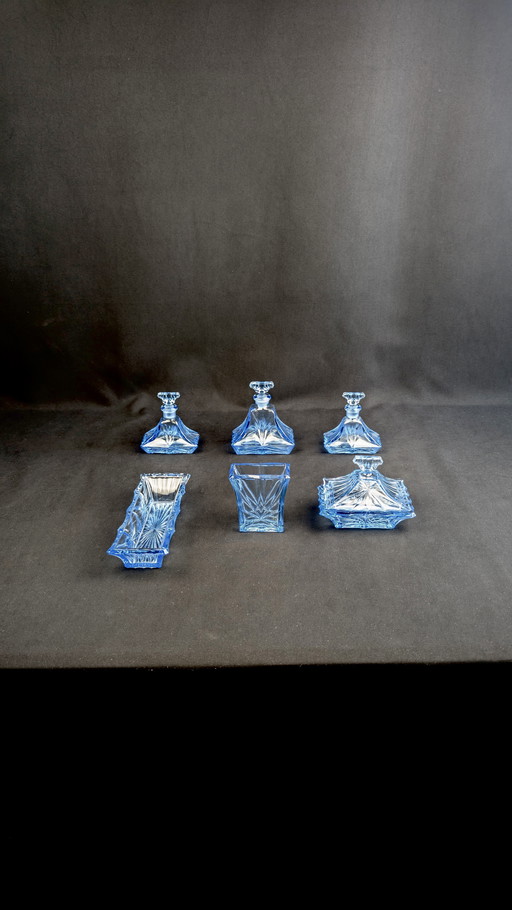 Art Deco royal blue cut glass toiletry set, beauty & vanity
